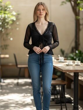 Vintage Bali Women’s Elegant Black Ruffle Sheer Blouse Med Girlsnight Layer Y2K